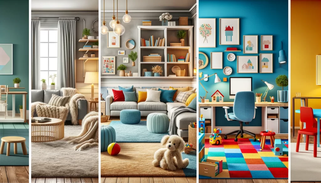 A series of three interior basement images showing different uses and color schemes_ 1. A cozy family room painted in soft gray with plush throws